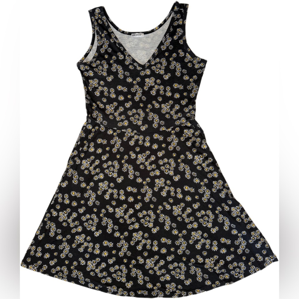 Black Daisy Print Fit & Flare Dress